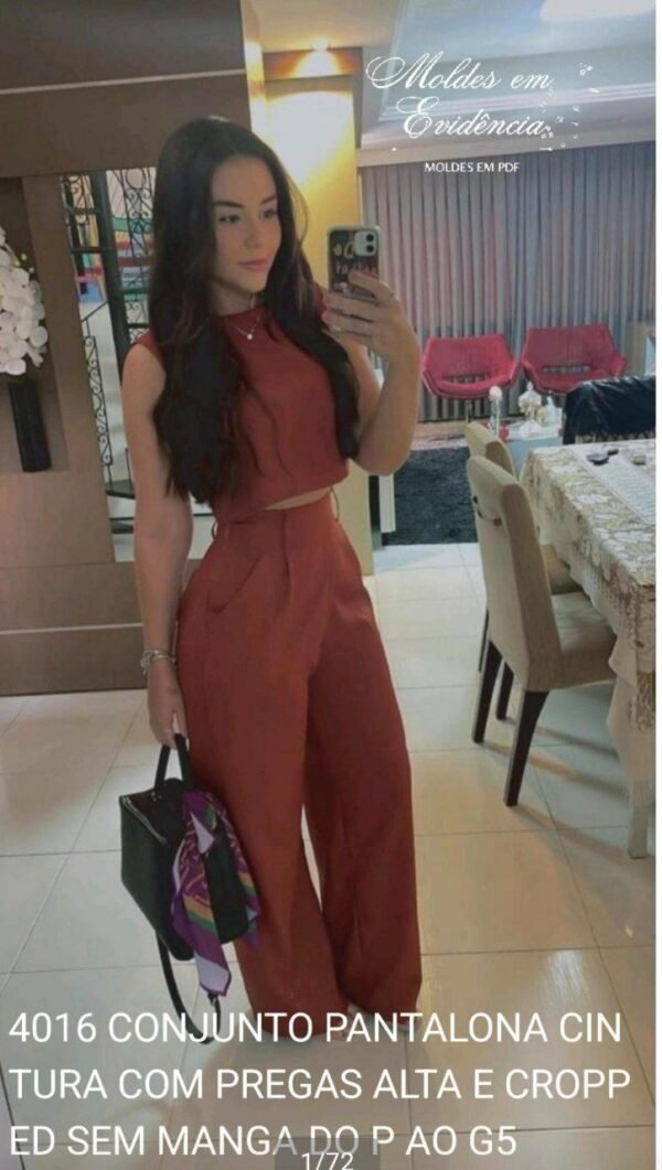 4016 CONJUNTO PANTALONA CINTURA COM PREGAS ALTA E CROPPED SEM MANGA (1)
