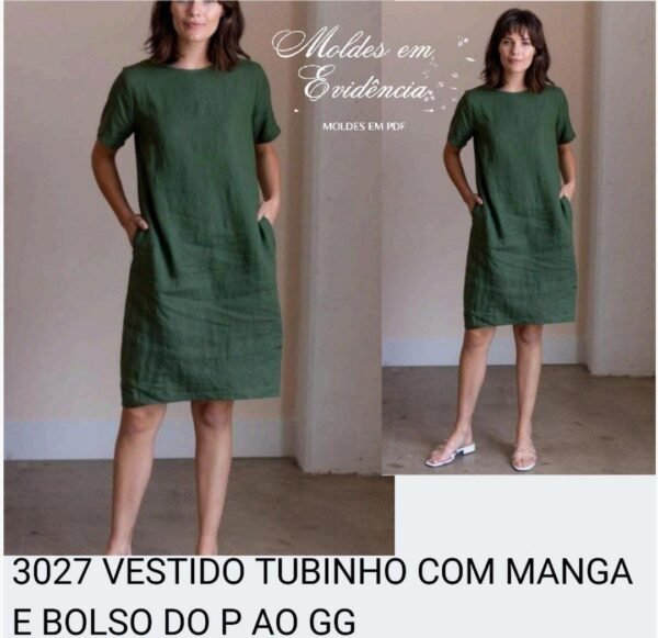 3027 VESTIDO TUBINHO COM MANGA E BOLSO DO P AO GG